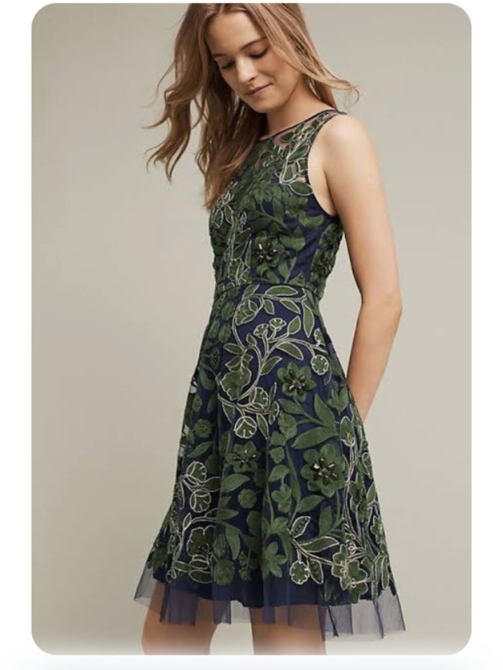 Anthropologie Pankaj & Nidhi Size 4 Embroidered Fern Dress Navy Green Beaded